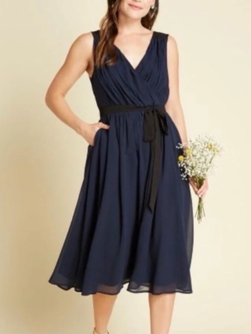 Modcloth Navy Sleeveless V-Neck Midi Dress with Black Tie Waist